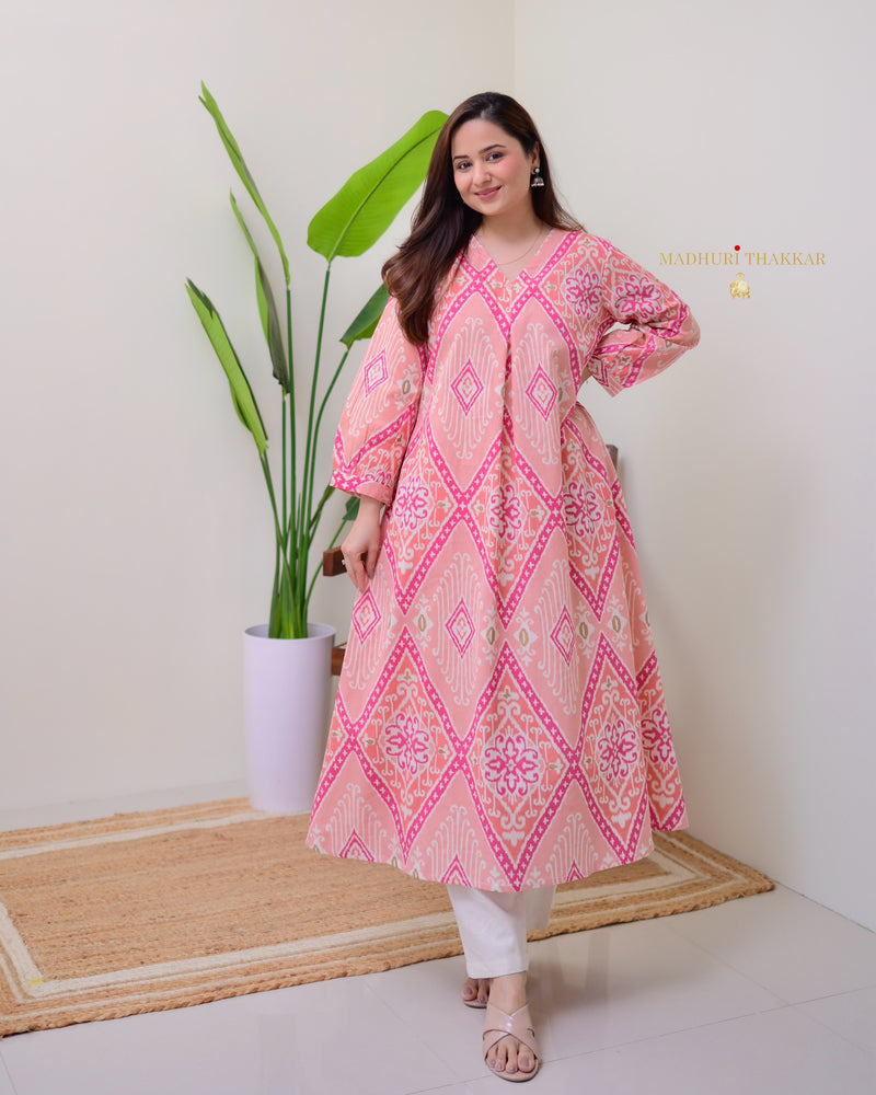 Peach Pink Baroque A Line Cotton Kurta Set