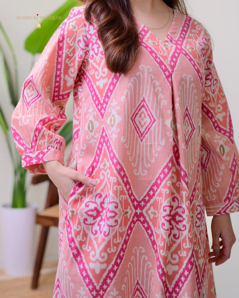 Peach Pink Baroque A Line Cotton Kurta Set