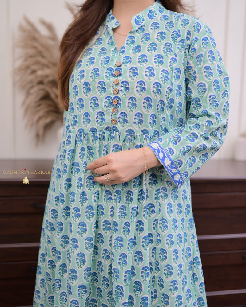 Turquoise Floral A Line Kurta