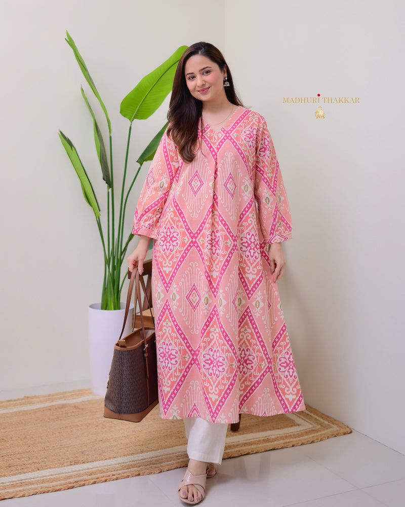 Peach Pink Baroque A Line Cotton Kurta Set