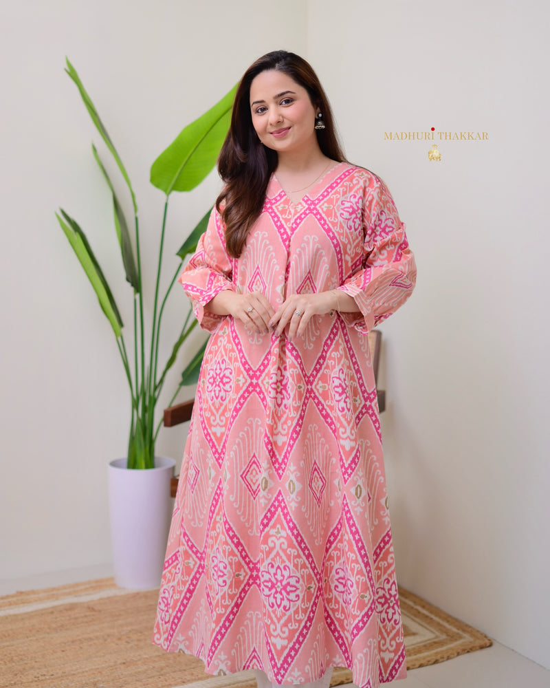 Peach Pink Baroque A Line Cotton Kurta Set