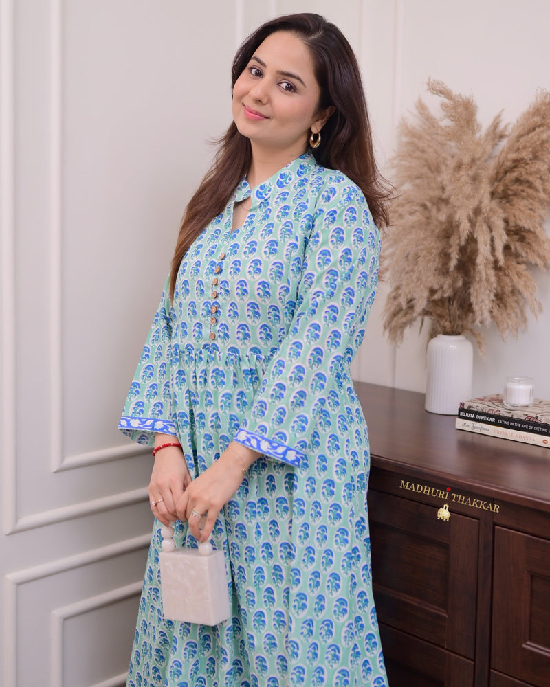 Turquoise Floral A Line Kurta