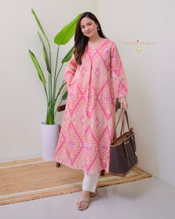 Peach Pink Baroque A Line Cotton Kurta Set