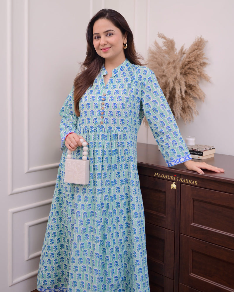 Turquoise Floral A Line Kurta