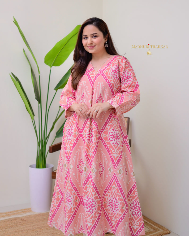 Peach Pink Baroque A Line Cotton Kurta Set