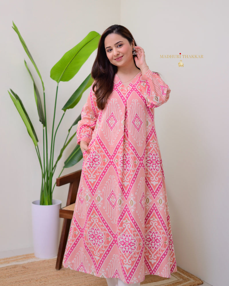 Peach Pink Baroque A Line Cotton Kurta Set