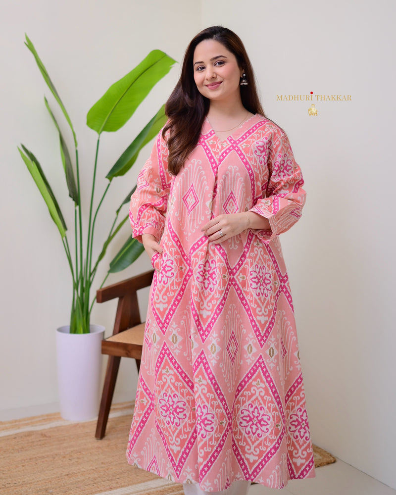 Peach Pink Baroque A Line Cotton Kurta Set