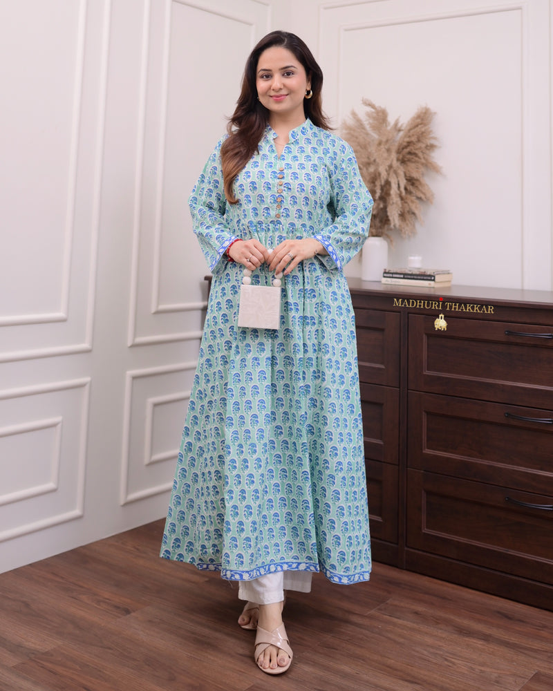 Turquoise Floral A Line Kurta