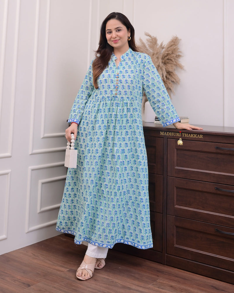 Turquoise Floral A Line Kurta