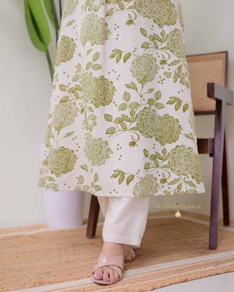 Green Ivory Floral A Line Cotton Kurta Set