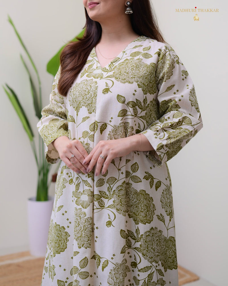 Green Ivory Floral A Line Cotton Kurta Set