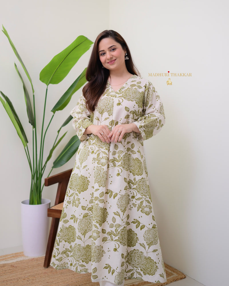 Green Ivory Floral A Line Cotton Kurta Set