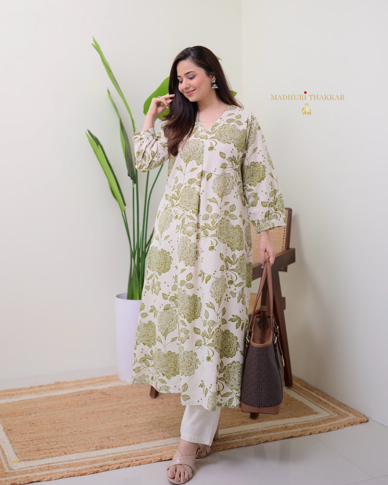 Green Ivory Floral A Line Cotton Kurta Set