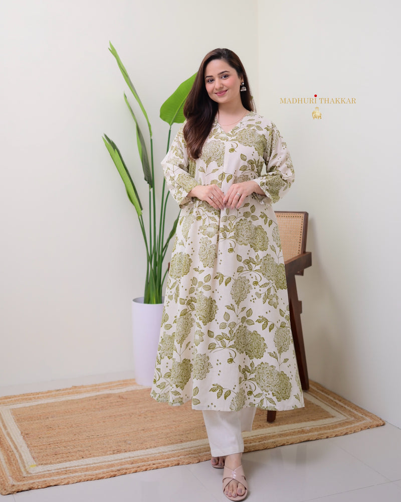 Green Ivory Floral A Line Cotton Kurta Set