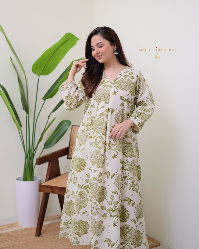 Green Ivory Floral A Line Cotton Kurta Set