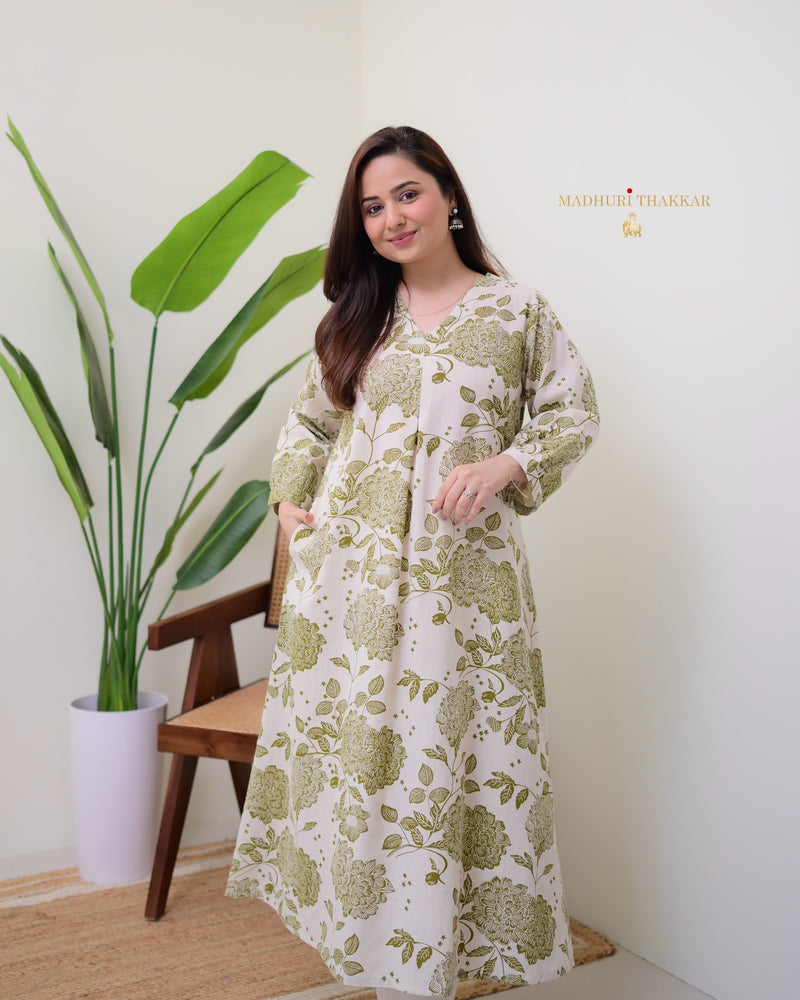 Green Ivory Floral A Line Cotton Kurta Set