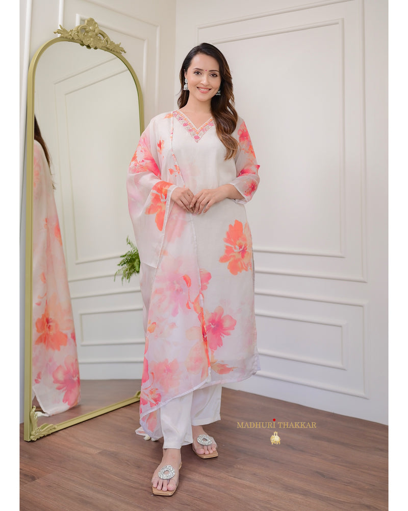 Ivory Peach Muslin Handwork Suit