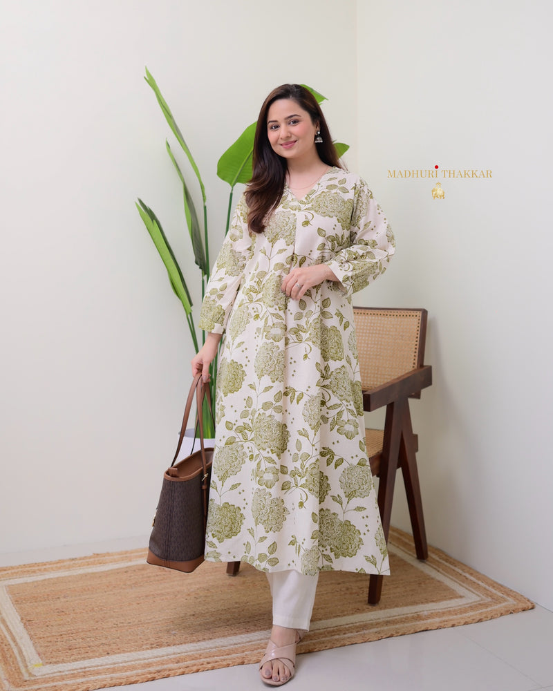 Green Ivory Floral A Line Cotton Kurta Set