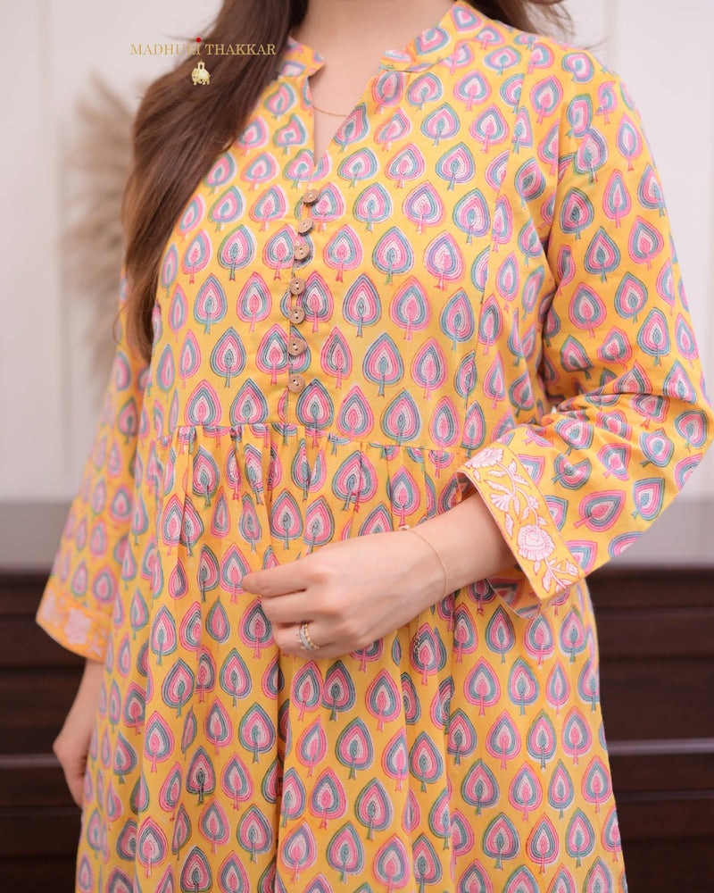 Yellow Leaf Cotton A Line Kurta