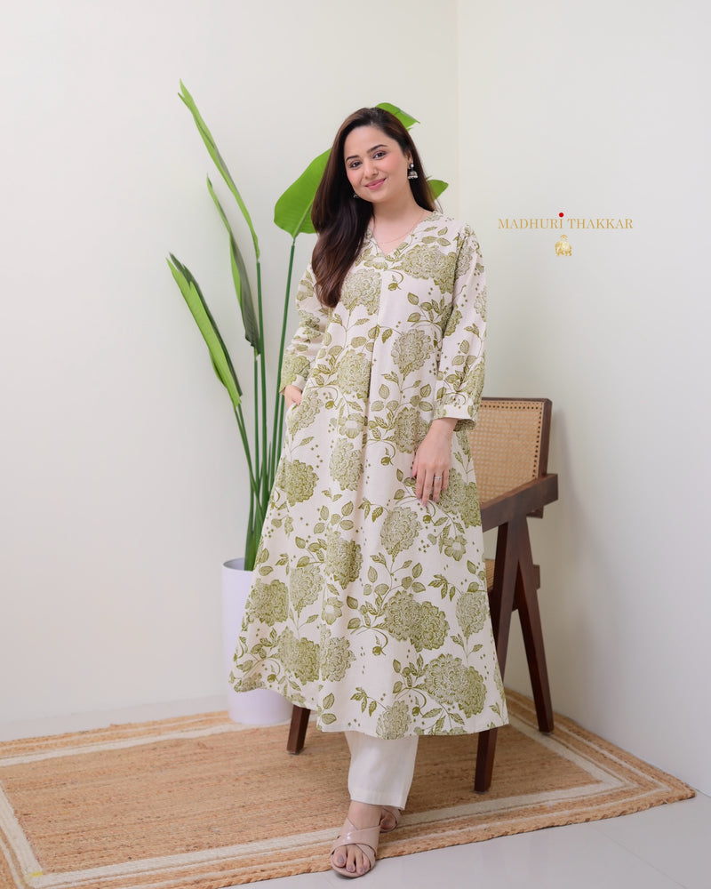 Green Ivory Floral A Line Cotton Kurta Set