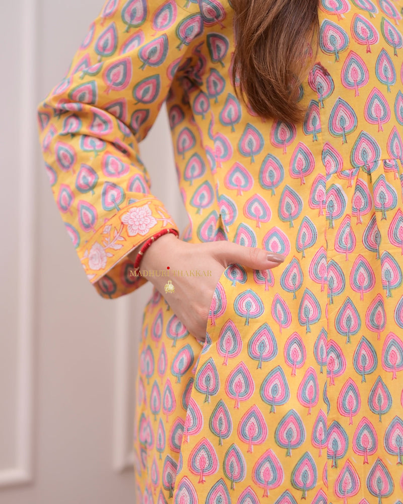 Yellow Leaf Cotton A Line Kurta