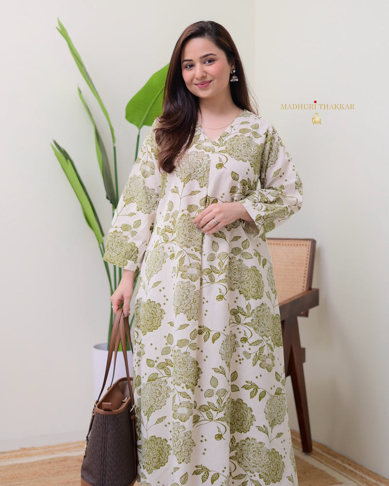 Green Ivory Floral A Line Cotton Kurta Set