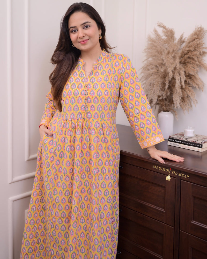 Yellow Leaf Cotton A Line Kurta