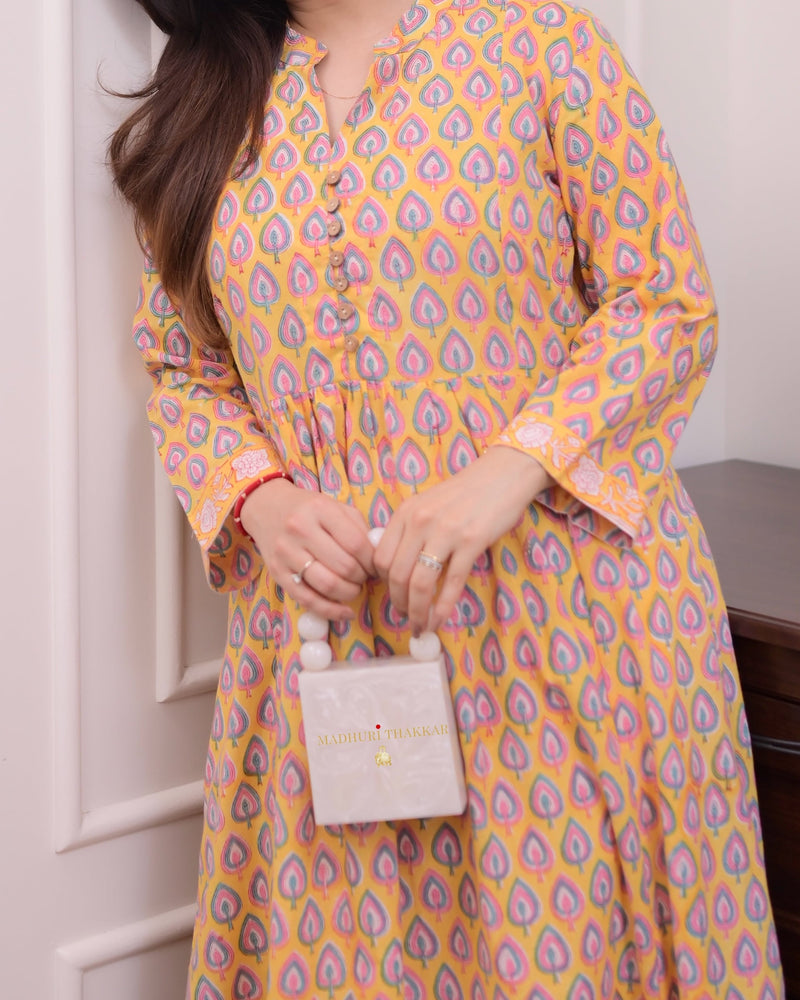 Yellow Leaf Cotton A Line Kurta