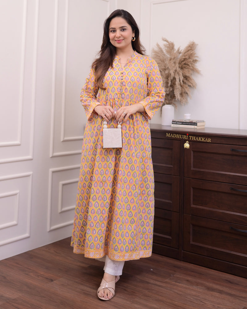 Yellow Leaf Cotton A Line Kurta