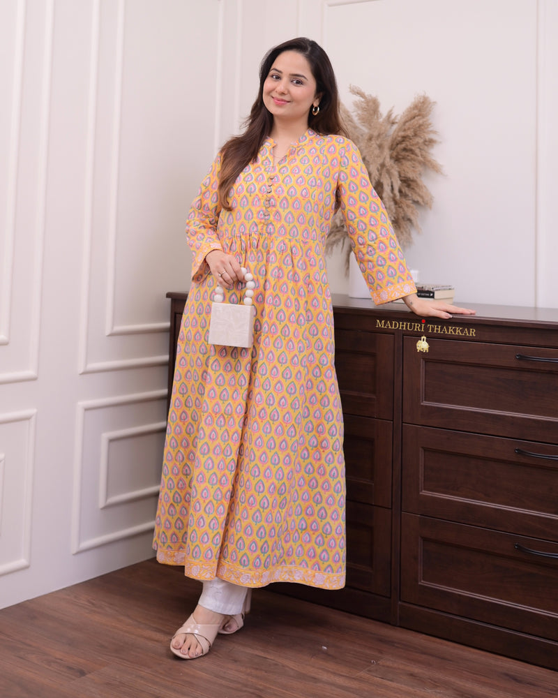 Yellow Leaf Cotton A Line Kurta