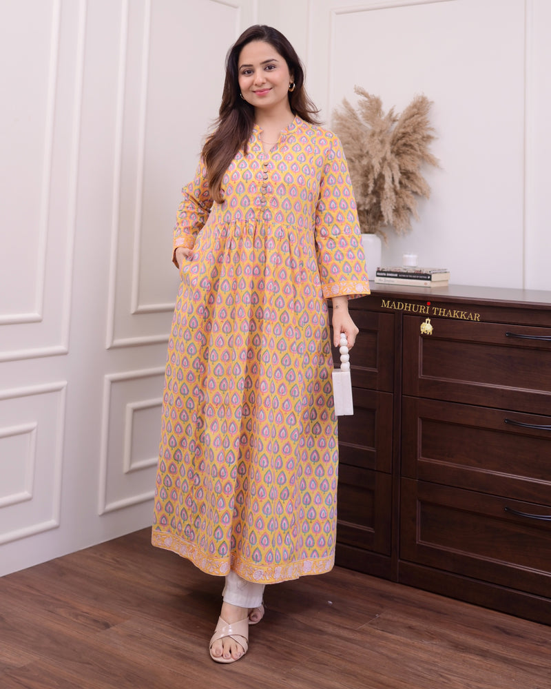 Yellow Leaf Cotton A Line Kurta