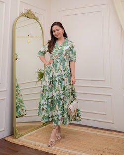 Ivory Green Botanical Cotton A Line Dress