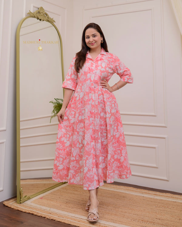 Peach Floral Cotton A Line Dress