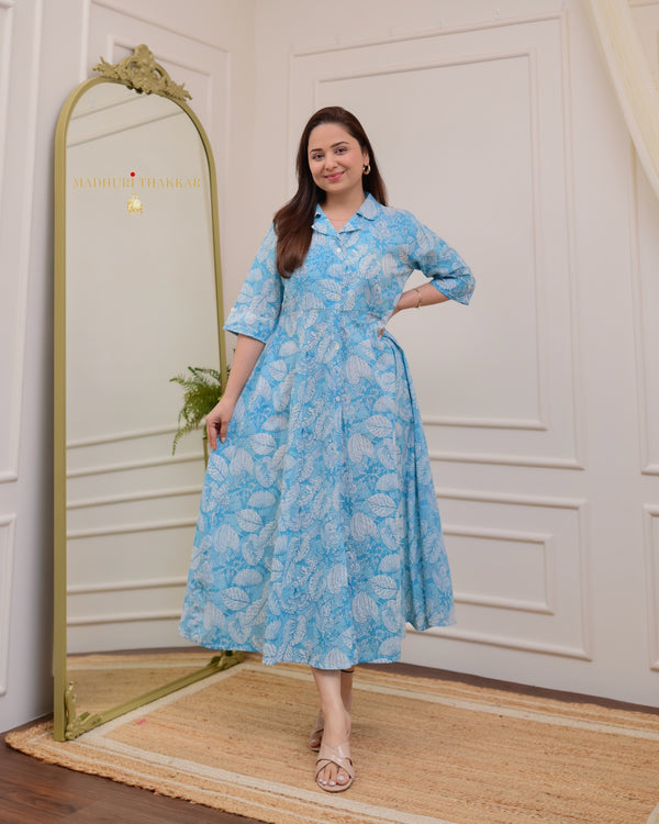 Light Blue Botanical Cotton A Line Dress