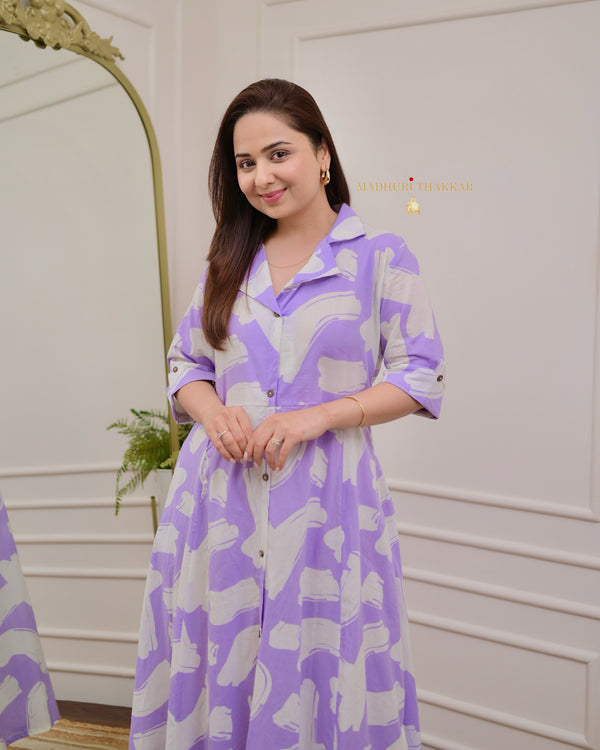 Lilac Abstract Cotton A Line Dress