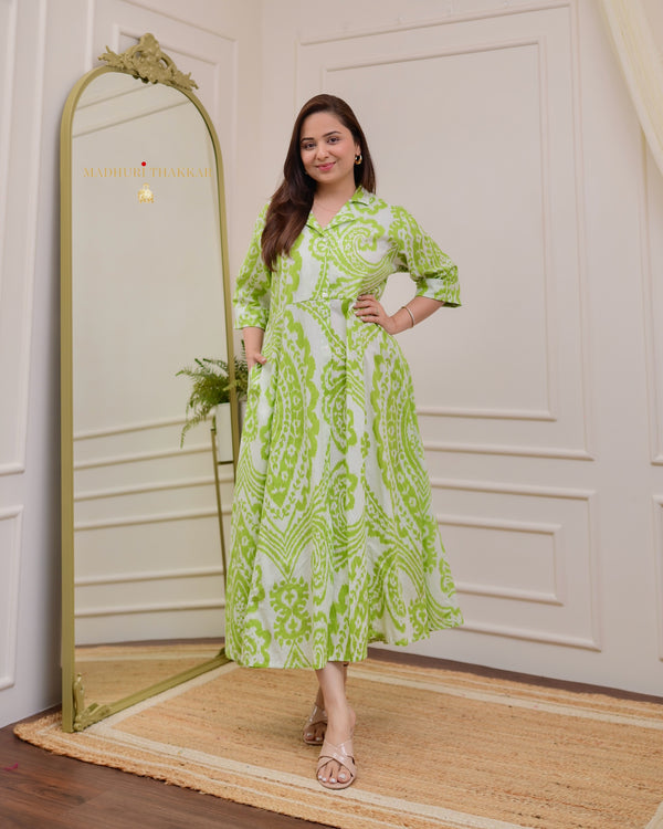 Green White Baroque Cotton A Line Dress