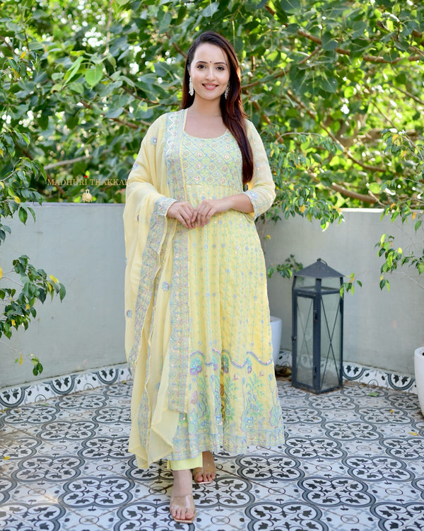 Lemon Yellow Handwork Georgette Anarkali Suit