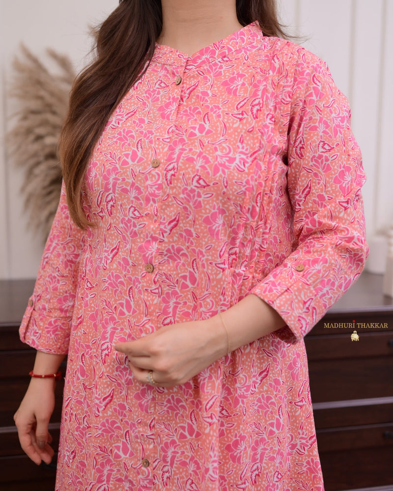 Peach Floral Pintex Cotton A Line Kurta