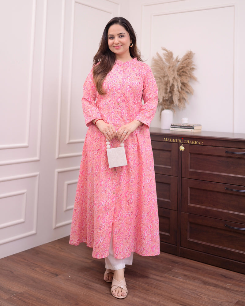 Peach Floral Pintex Cotton A Line Kurta