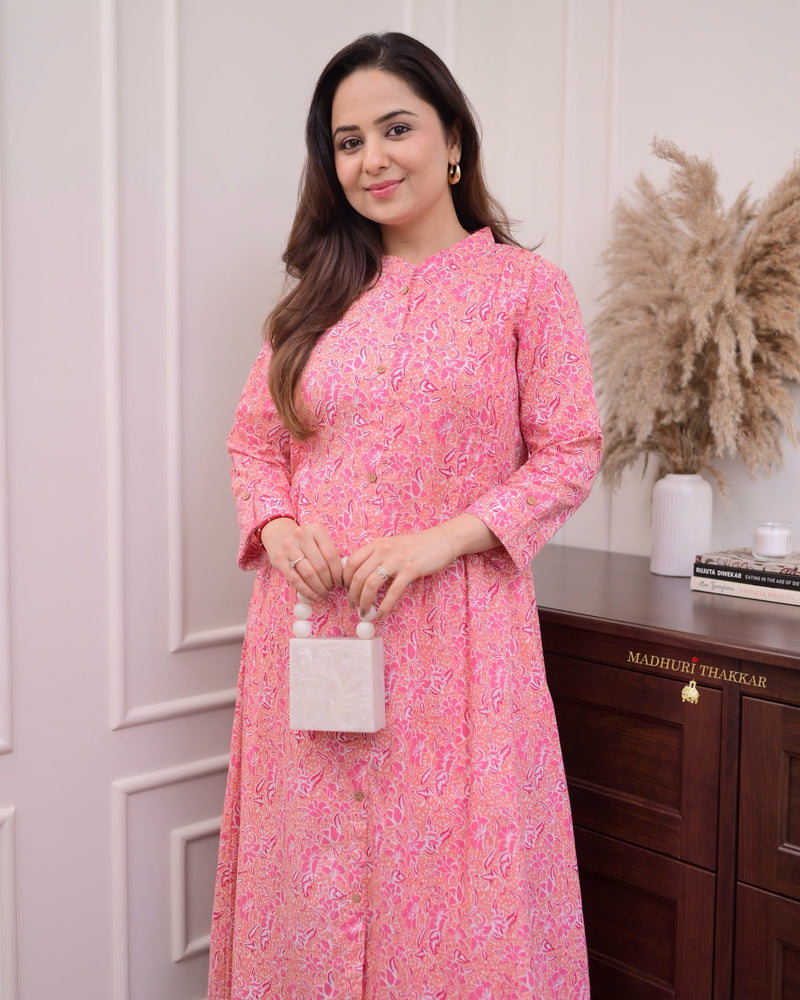 Peach Floral Pintex Cotton A Line Kurta