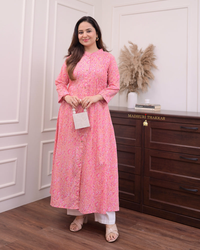 Peach Floral Pintex Cotton A Line Kurta