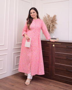 Peach Floral Pintex Cotton A Line Kurta