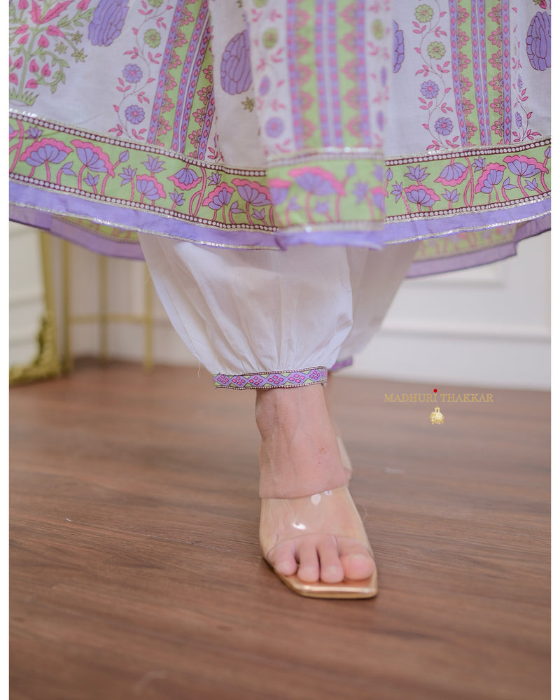 Lavender-White Floral Mul Cotton Anarkali