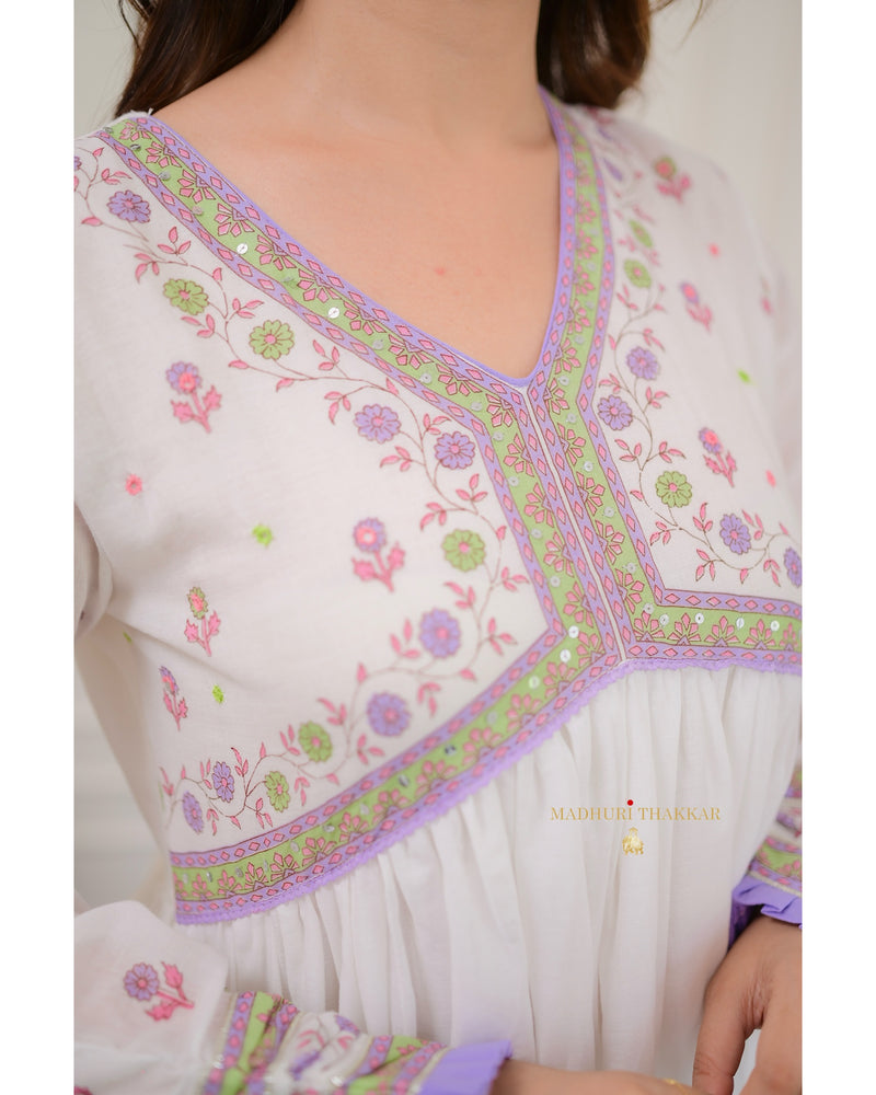 Lavender-White Floral Mul Cotton Anarkali