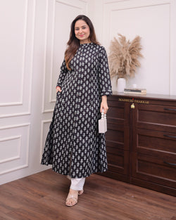 Black Floral A Line Cotton Kurta