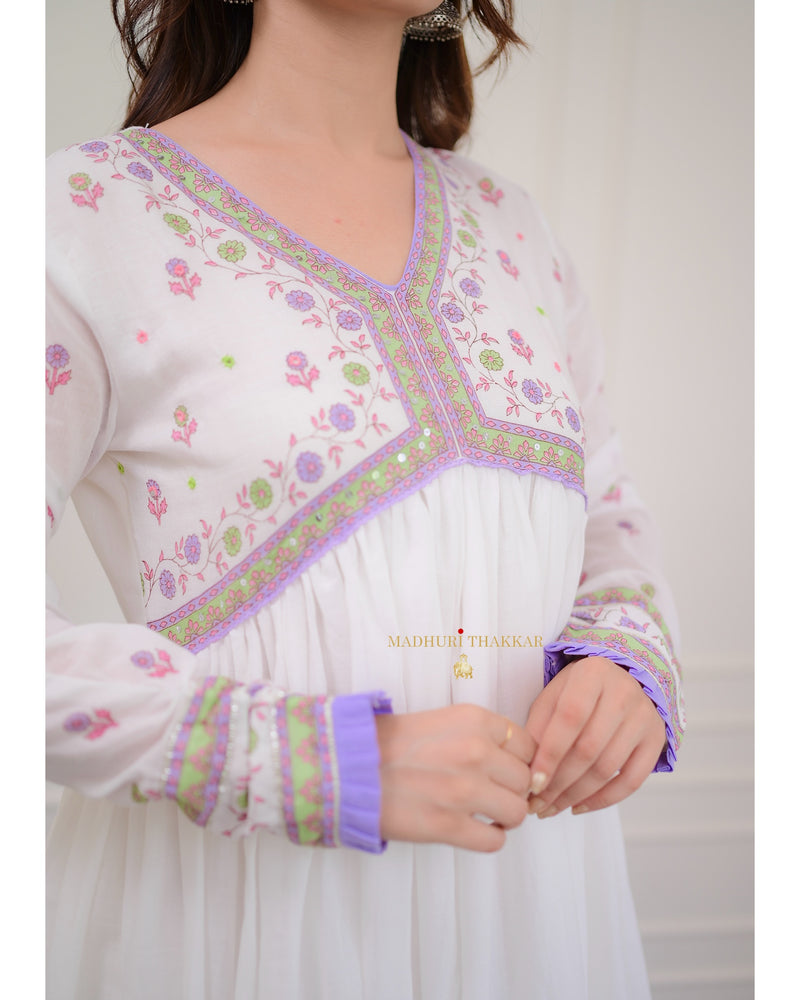 Lavender-White Floral Mul Cotton Anarkali