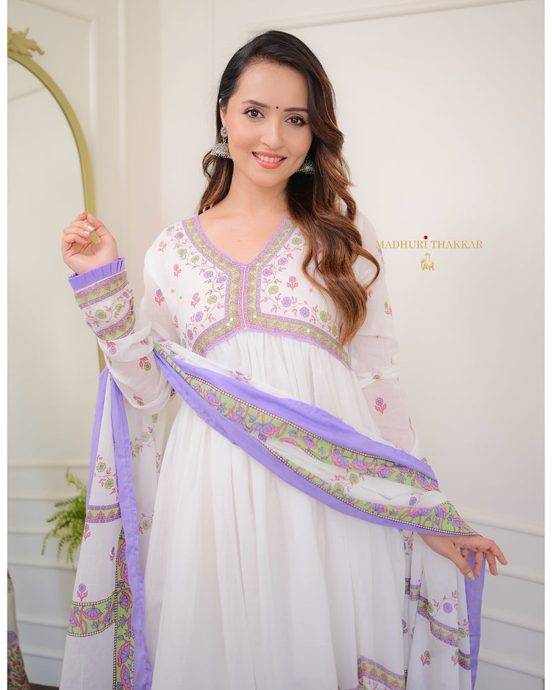 Lavender-White Floral Mul Cotton Anarkali