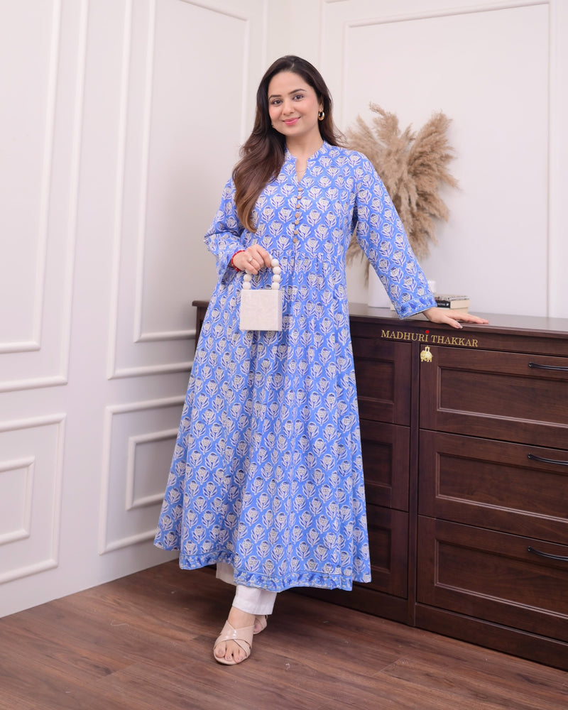 Blue Floral A Line Cotton Kurta