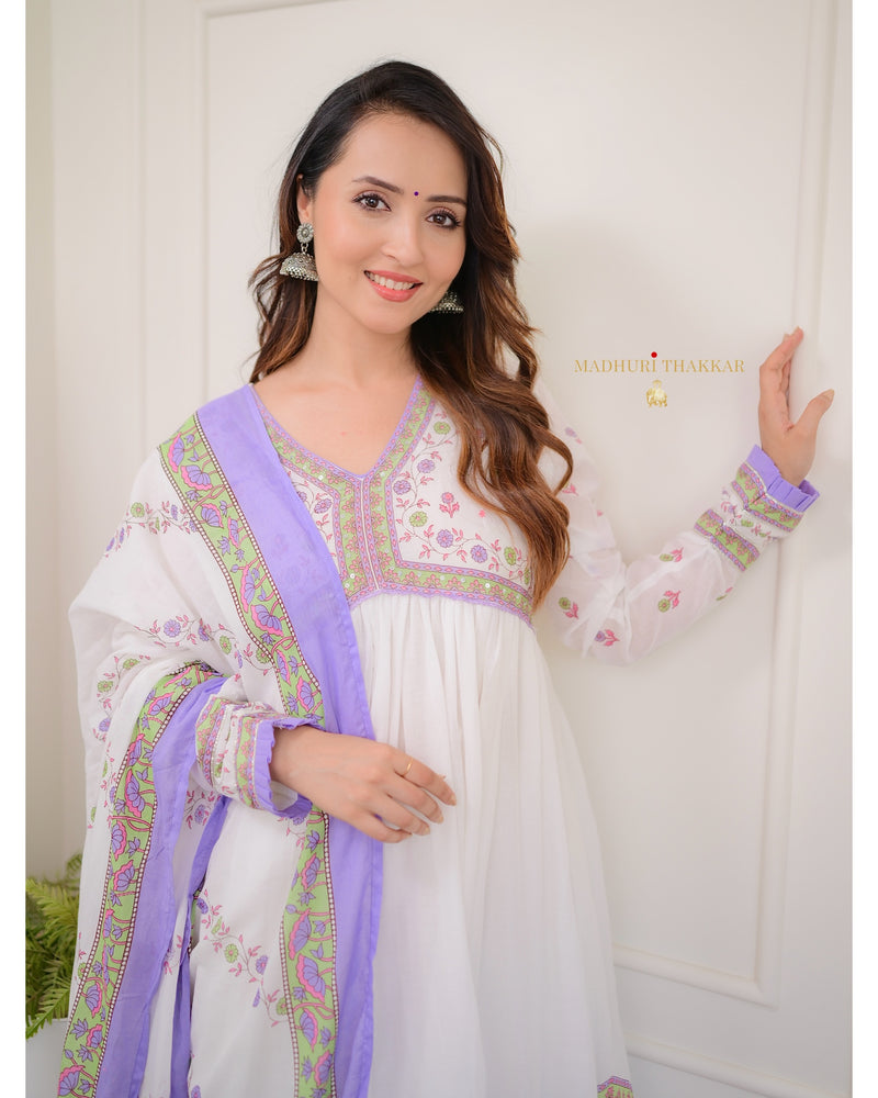 Lavender-White Floral Mul Cotton Anarkali