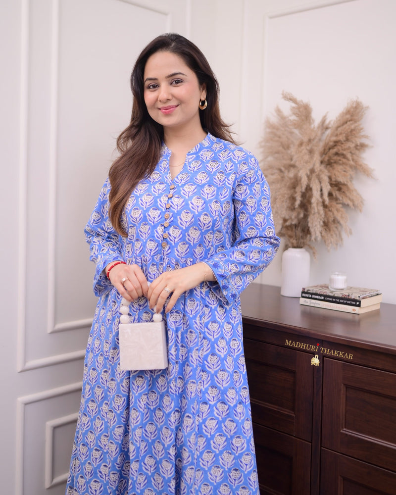 Blue Floral A Line Cotton Kurta